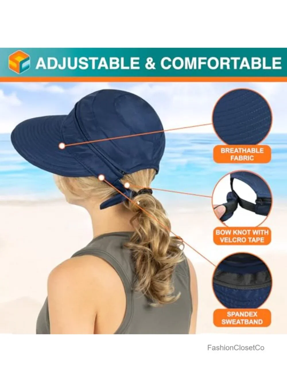 Wide Brim Sun Hat UPF 50+ Zip-Off Ponytail Beach Visor Foldable Travel